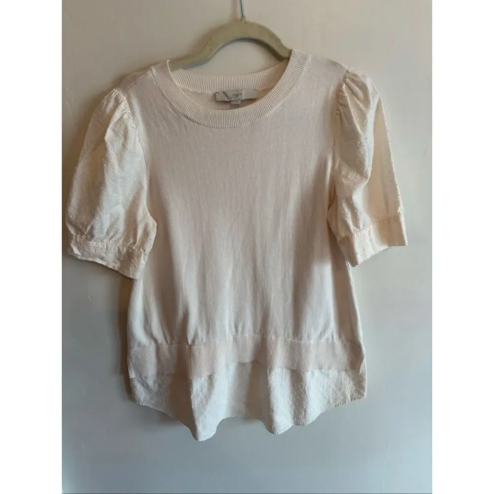 Loft Ivory Puff Sleeve Blouse Size Medium Polka Dot Texture Scoop Neck